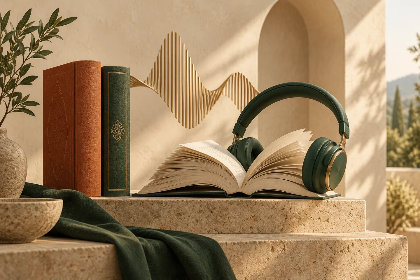 کتابهای پارچهای و هدفون سبز در فضای گرم یک کتابخانه